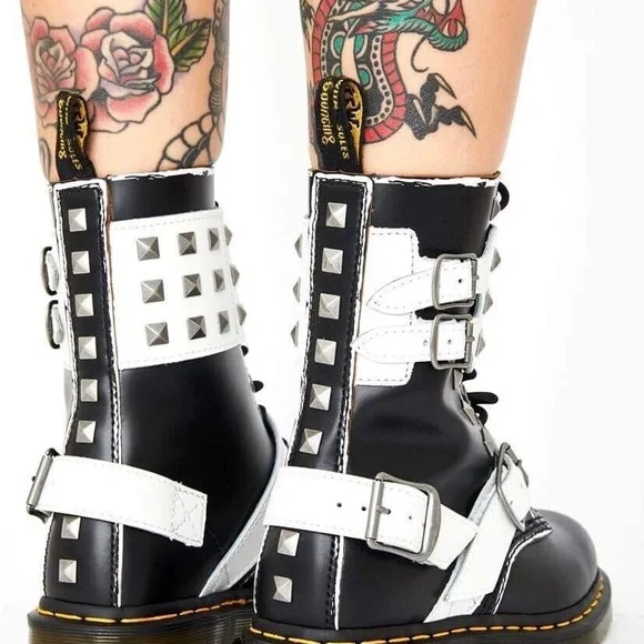 Dr. Martens Black and White Studded Combat Boots - Picture 2 of 7